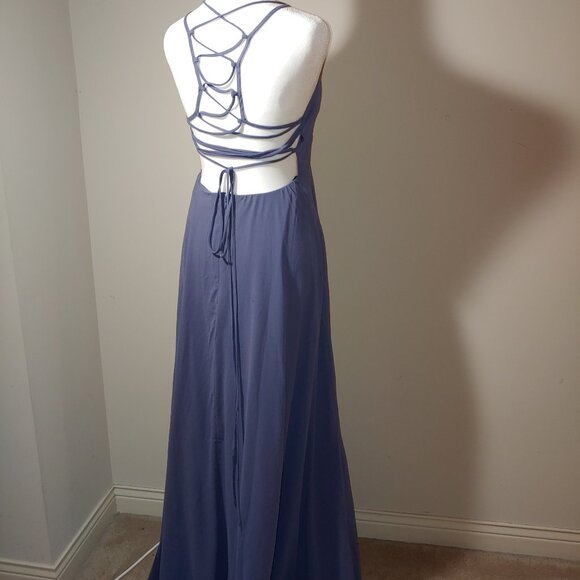 Lulus Strappy To Be Here Denim Blue Lace-Up Maxi Dress Size L - Picture 9 of 9